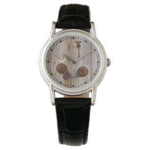 Rusty vintage iron padlock wooden door dial-plate watch