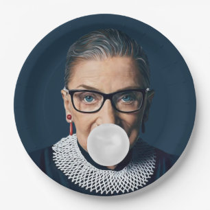 Ruth Bader Ginsburg blowing white bubble gum Paper Plate