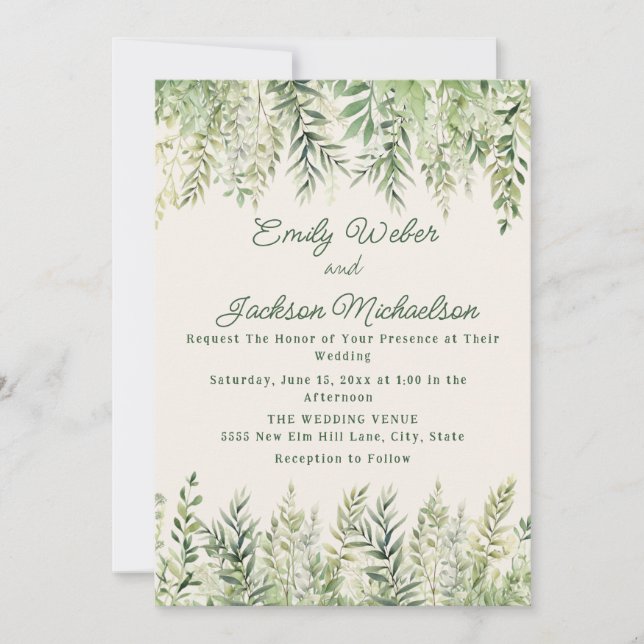 Rutstic Botanical Watercolor Leaves Wedding Invitation (Front)