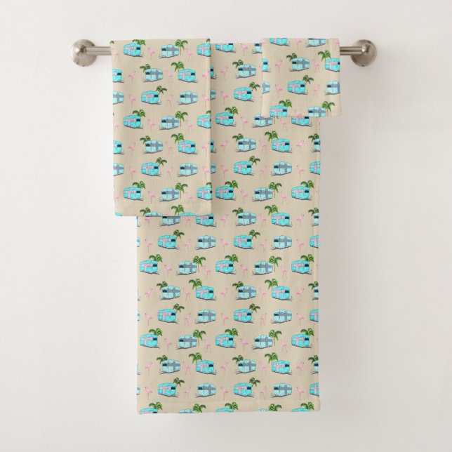 RV Beach Camping with Flamingos Bath Towel Set (Insitu)