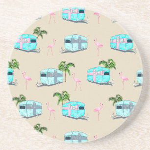RV Beach Camping with Flamingos Coaster