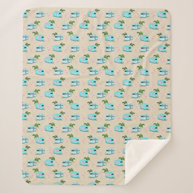 RV Beach Camping with Flamingos Sherpa Blanket (Front)