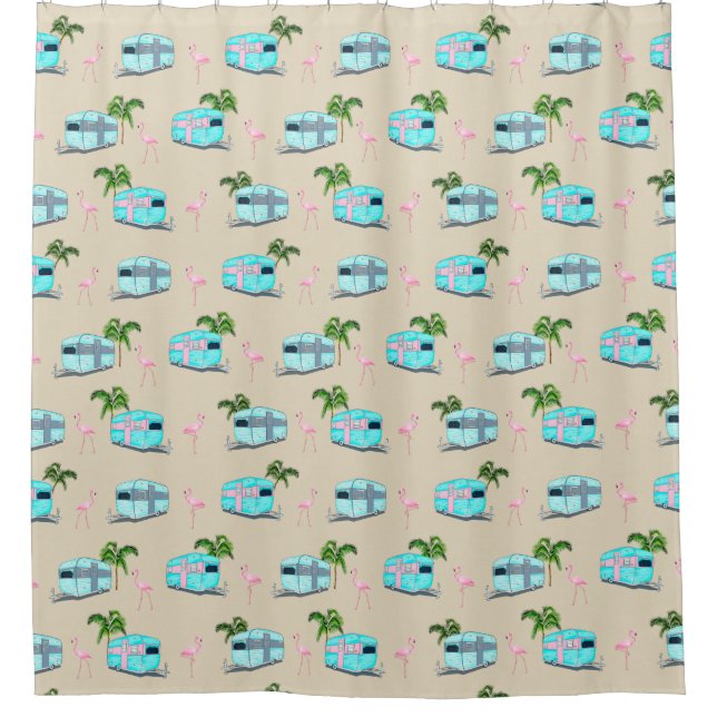 RV Beach Camping with Flamingos Shower Curtain (Front)