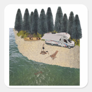 RV Camper in the Forest by the water Square Sticker