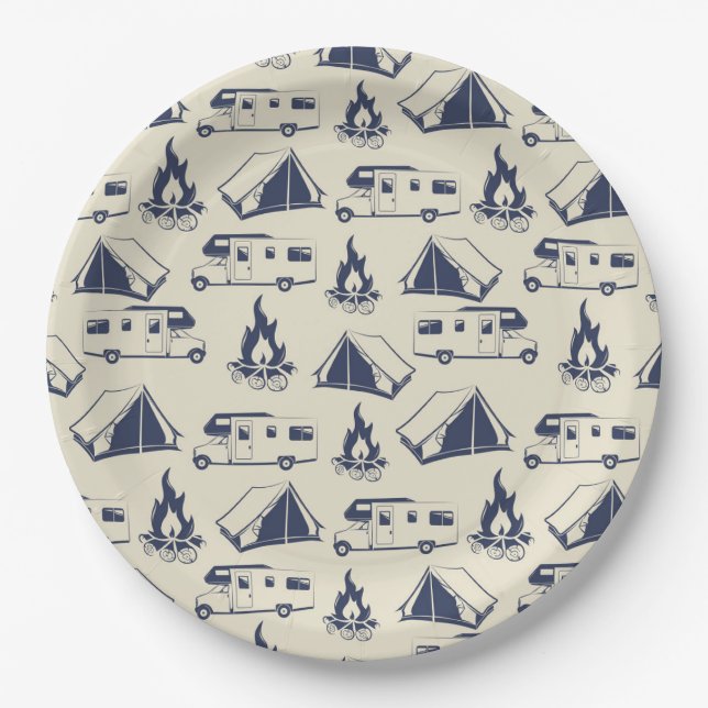RV Camper Tent Campfire Pattern Paper Plate (Front)