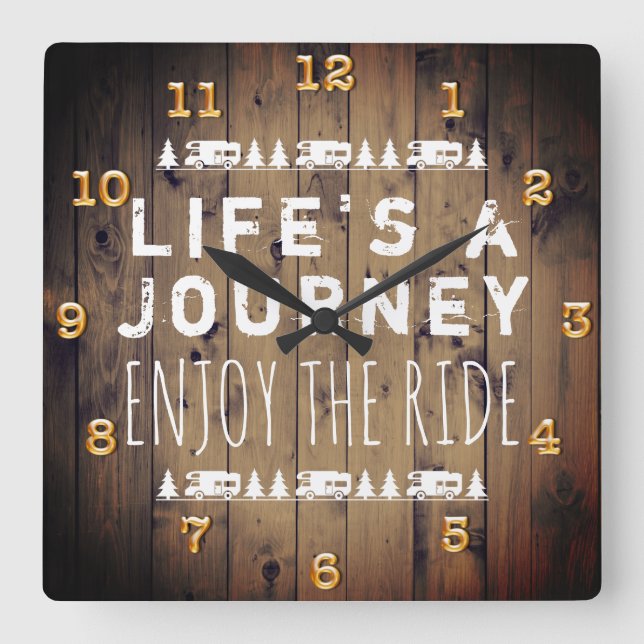 RV Camper Travel Quote Rustic Wood Square Wall Clock (Front)