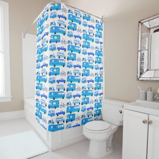 RV Campervan Vanlife Motorhome Trailer Blue Shower Curtain (In Situ)
