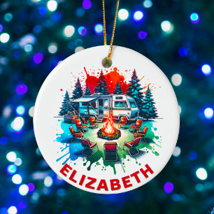 RV Camping and Campfire Custom Name Ceramic Ornament
