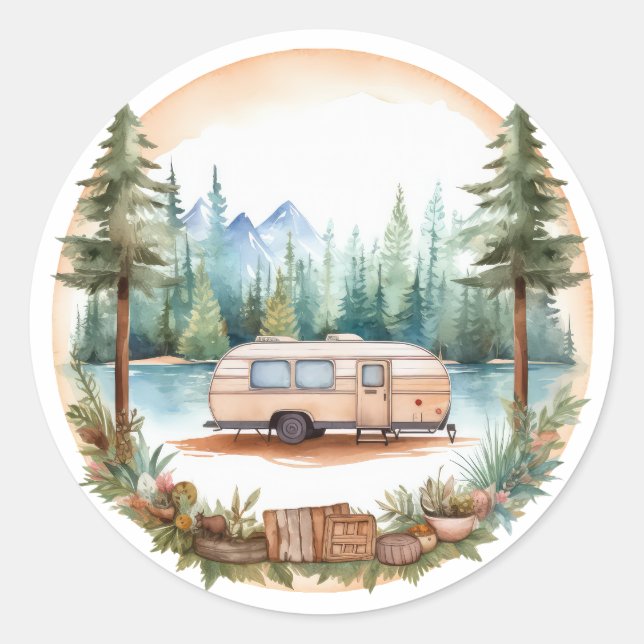 RV Camping in the Woods, RV camper Classic Round Sticker (Front)