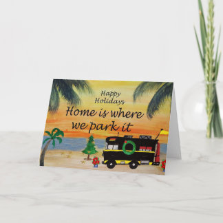 RV Holiday Christmas camper in beach sunset cards