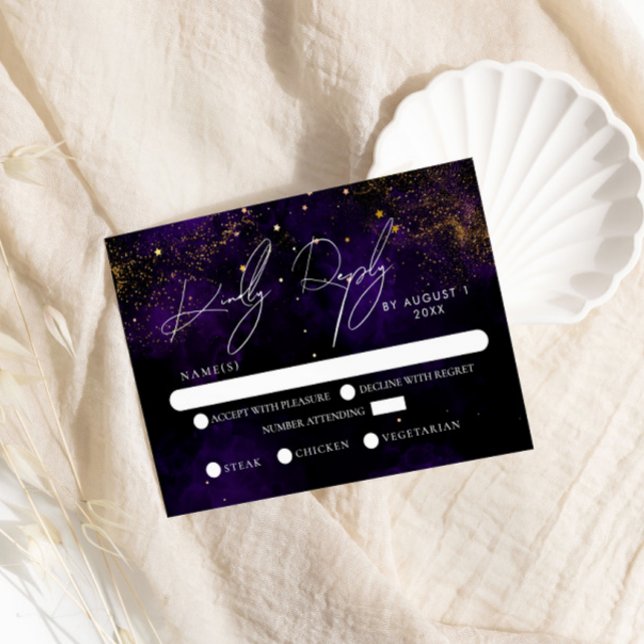 RVSP Dark Purple Watercolor Magical Gold Wedding  RSVP Card (Creator Uploaded)