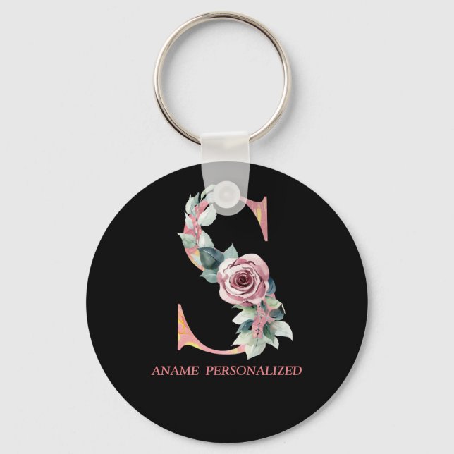 S Floral Monogram Name Letters Pink Agate Keychain (Front)