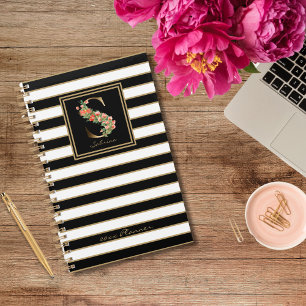 S Gold Floral Monogram   Black White Gold Stripes Planner