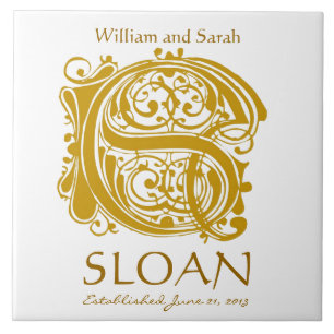 S Gold Monogram on White - Names Wedding Date Tile