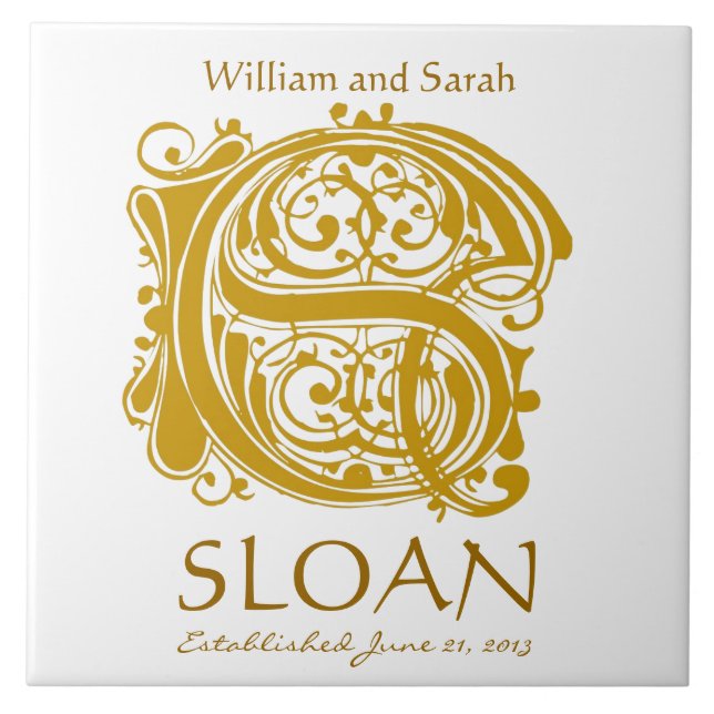 S Gold Monogram on White - Names Wedding Date Tile (Front)