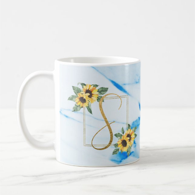 S | Gold Monogram Sunflower Mug (Left)