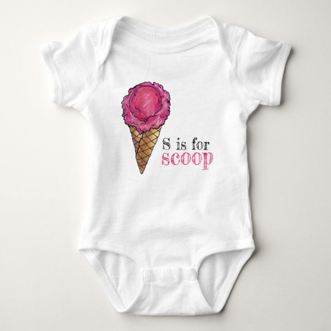 S is for Scoop Pink Strawberry Ice Cream Cone Baby Bodysuit (Front)
