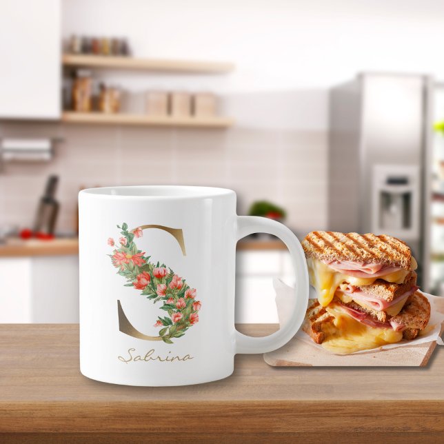 S Letter Gold Monogram Orange Florals Large Coffee Mug (Creator Uploaded)