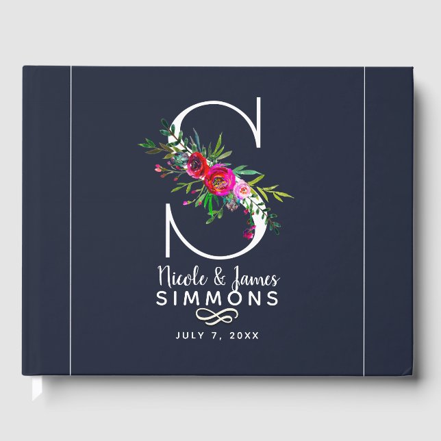 S Letter Initial Monogram Floral Name Wedding Guest Book (Front)