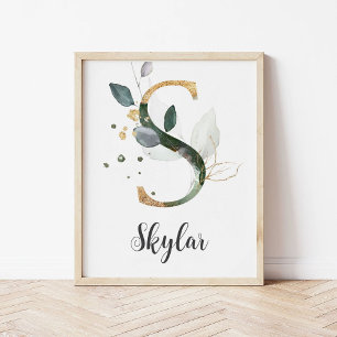 S Letter Monogram Greenery Nursery Name Wall Print