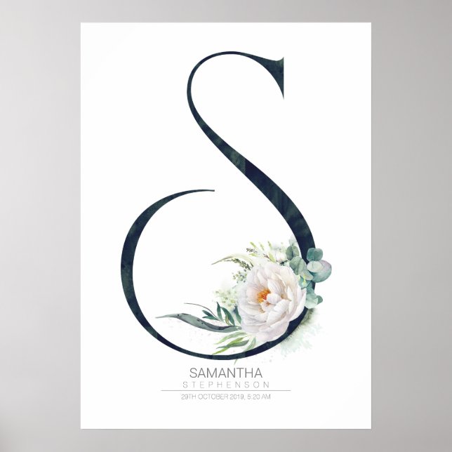 S Letter Monogram White Flowers and Greenery Poster (Front)