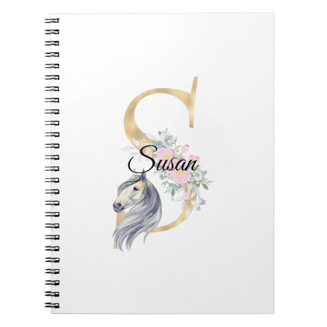 S letter personalised name monogram with horse notebook (Front)