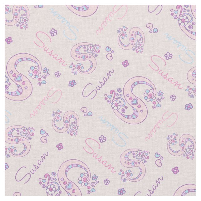 S monogram and personalised name Susan fabric (Close Up)