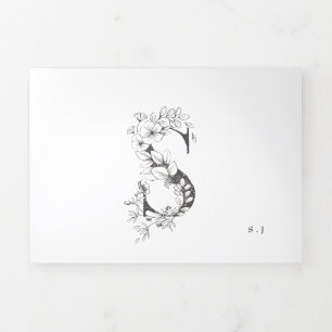 'S' Monogram Beautiful Sketched Floral Wedding Tri-Fold Invitation