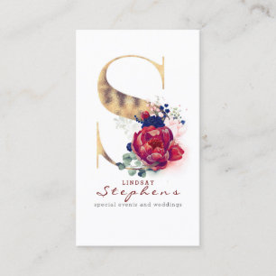 S Monogram Burgundy Gold and Navy Blue Floral Business Card