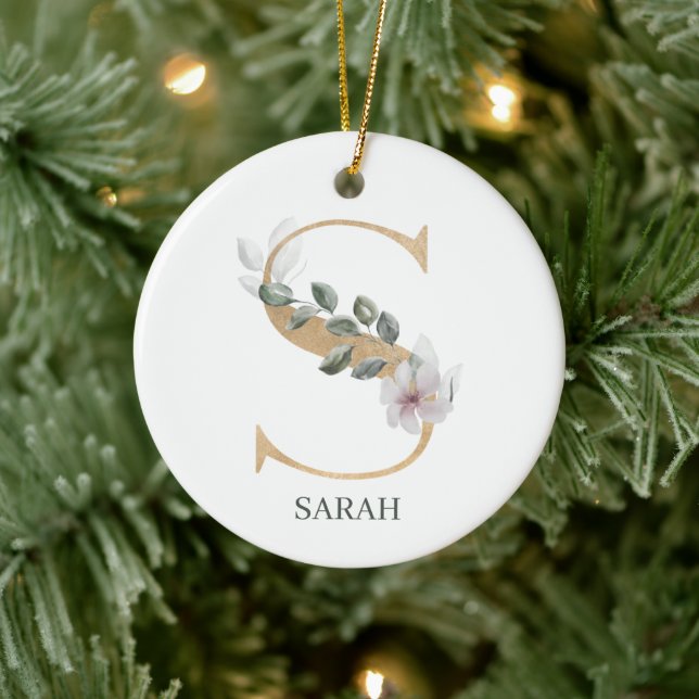 S Monogram Floral Personalised Ceramic Ornament (Tree)