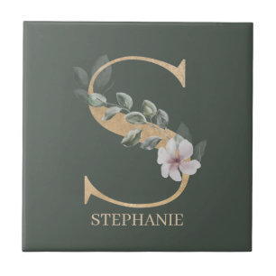S Monogram Floral Personalised Ceramic Tile