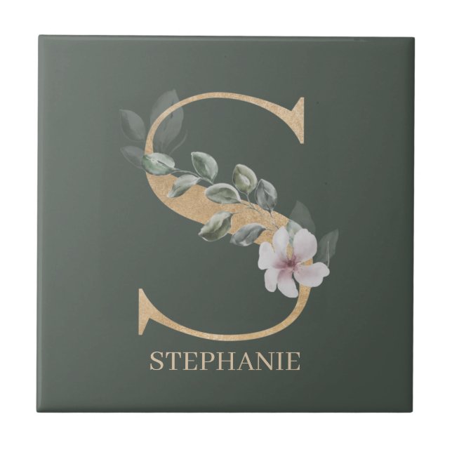 S Monogram Floral Personalised Ceramic Tile (Front)