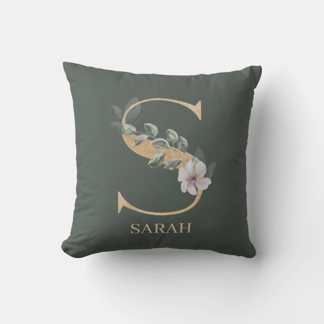 S Monogram Floral Personalised Throw Pillow (Front)