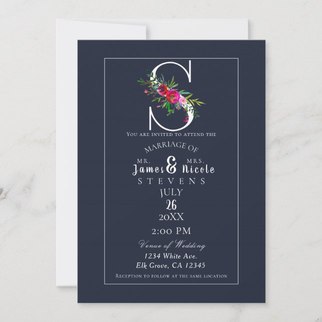 S Monogram Last Initial Modern Blue Floral Wedding Invitation (Front)