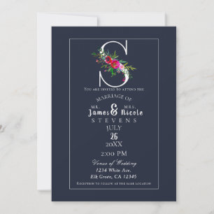 S Monogram Last Initial Modern Blue Floral Wedding Invitation