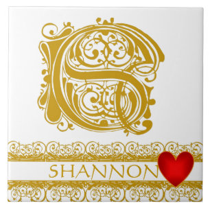S Monogram Name Gold Lace Red Heart Template Tile