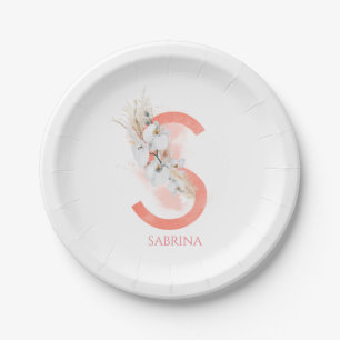 S Monogram Name Pampas Grass White Orchids Paper Plate