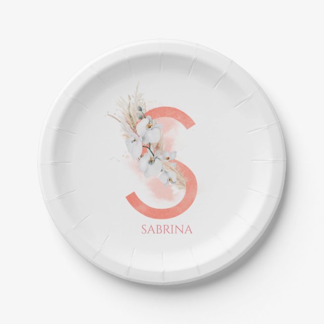 S Monogram Name Pampas Grass White Orchids Paper Plate (Front)