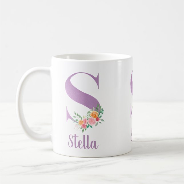 S Monogram Purple Floral Watercolor Personalised Coffee Mug (Left)