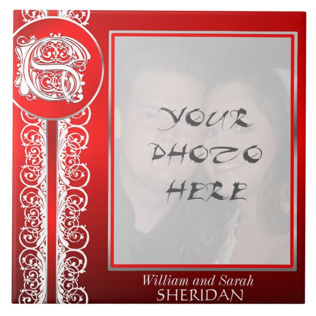 S Monogram "White Lace on Red" with Photo - Tile (Front)