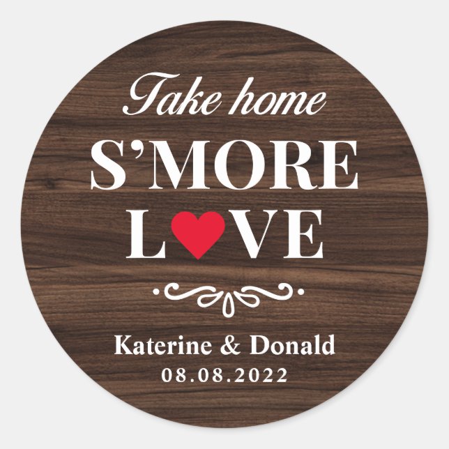 S’more Love Wedding Rustic Wood Round Sticker (Front)