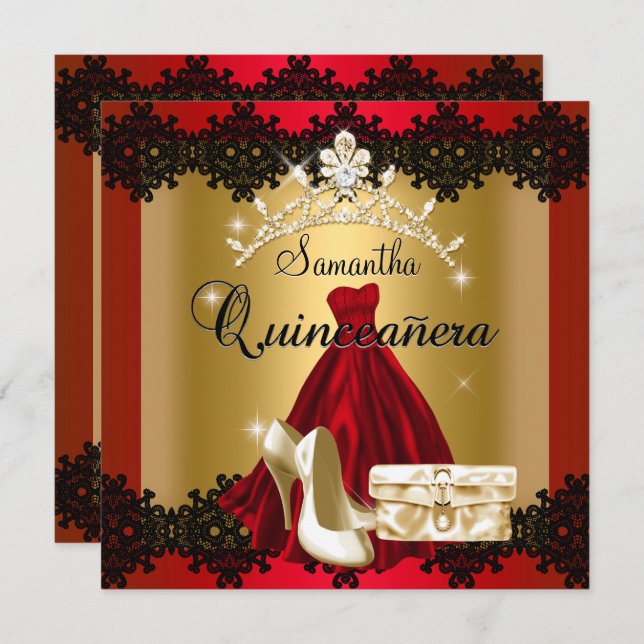S Quinceanera 15th Red Black Gold Diamond Tiara Invitation (Front/Back)