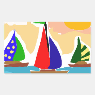 SA- Colourful Sailboat Primitive Art Rectangular Sticker