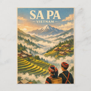 Sa Pa town, Vietnam, in a classic retro Postcard