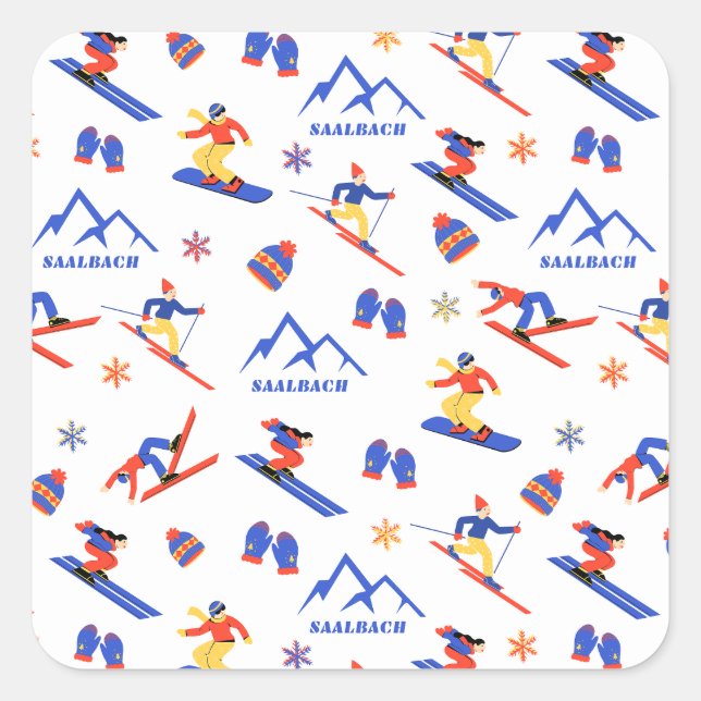 Saalbach Austria Alps Ski Snowboard Pattern Square Sticker (Front)