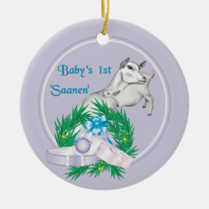 Saanen Goat Baby's First Christmas Wreath Holiday  Ceramic Tree Decoration