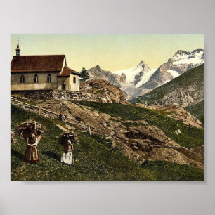 Saas Fee, church and Rimpfischhorn, Valais, Alps o Poster