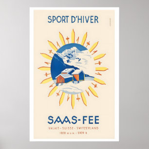 Saas-Fee Valais Suisse Switzerland Vintage Ski Poster