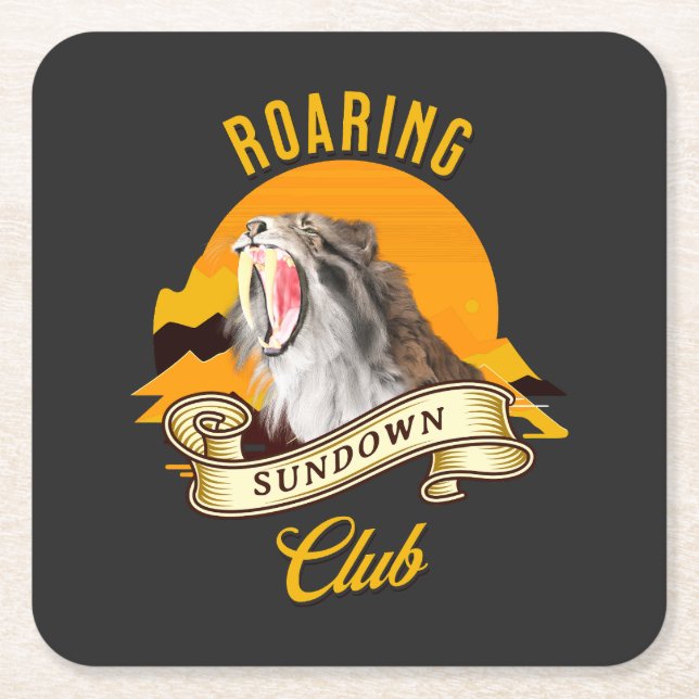 Sabertooth Tiger Retro Sunset Adventure Club Square Paper Coaster (Front)