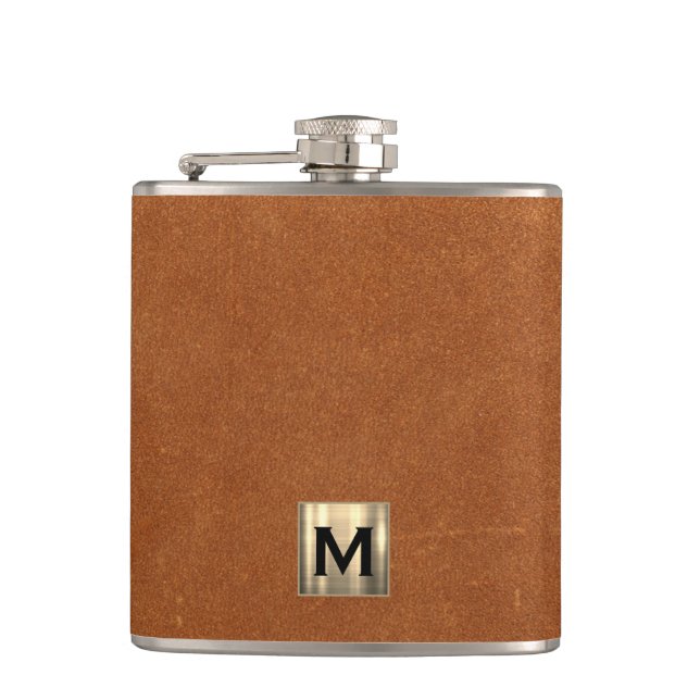 Sable Brown Leather Gold Monogram Hip Flask (Front)